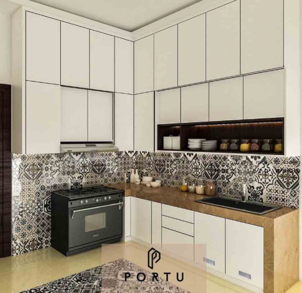 Kitchen set minimalis dengan lemari dinding bergaya floating